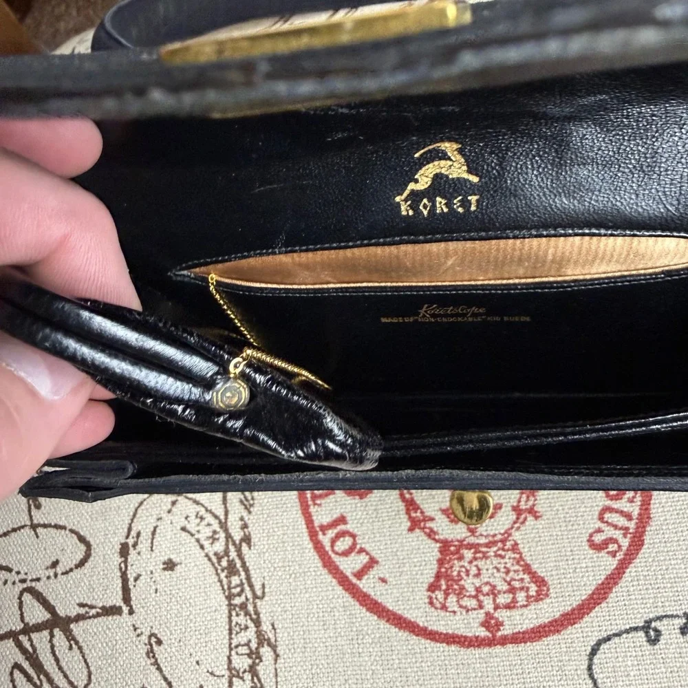 Vintage Koret Black Koretelope Kid Suede Handbag with Coin Purse Gold Hardware